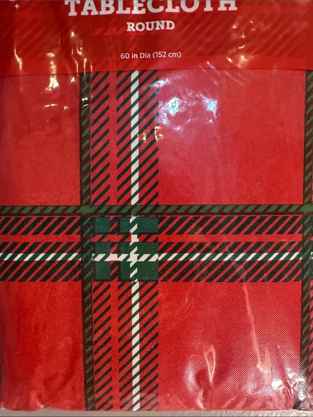 PEVA Round Tablecloth 60” Red and Green Plaid – Christmas Table Cover
